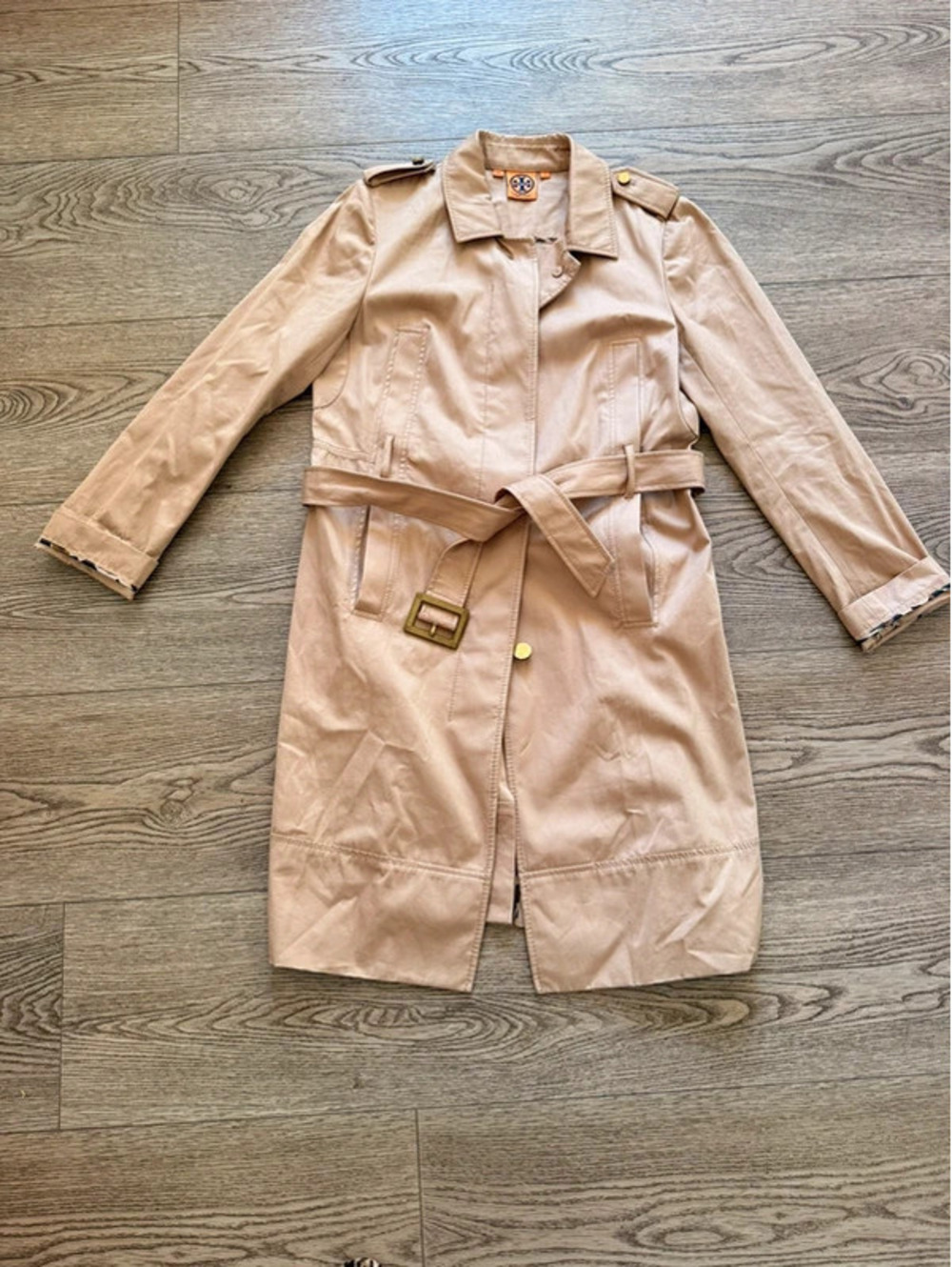Tory Burch Khaki Trench Coat Belted Gold Buttons Leopard Lining Size 8